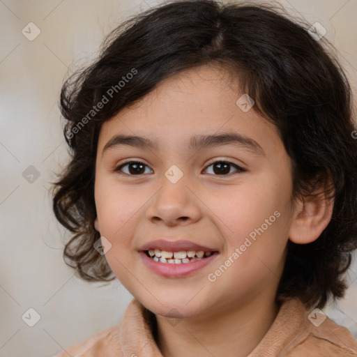 Joyful white child female with medium  brown hair and brown eyes