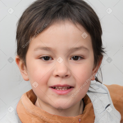 Joyful white child female with short  brown hair and brown eyes