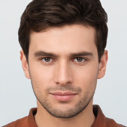 Neutral white young-adult male with short  brown hair and brown eyes