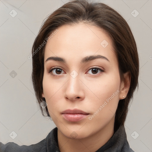 Neutral white young-adult female with medium  brown hair and brown eyes