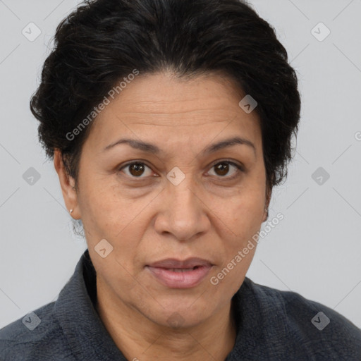 Joyful white adult female with short  brown hair and brown eyes