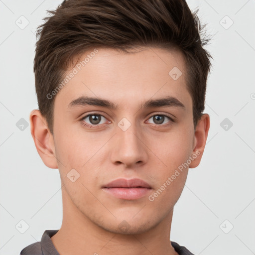 Neutral white young-adult male with short  brown hair and brown eyes