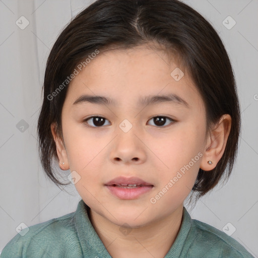 Joyful white child female with medium  brown hair and brown eyes