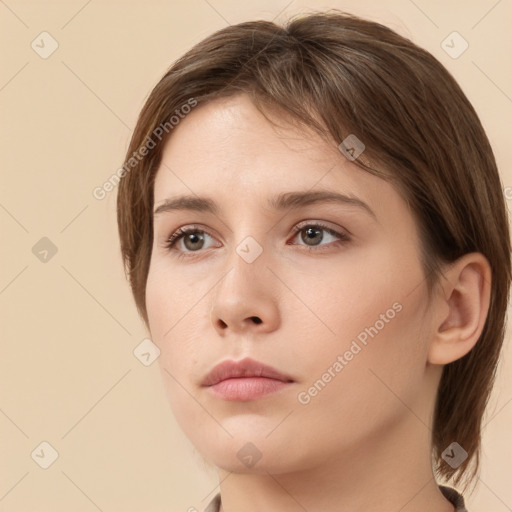 Neutral white young-adult female with medium  brown hair and brown eyes