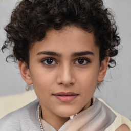 Joyful white child female with short  brown hair and brown eyes