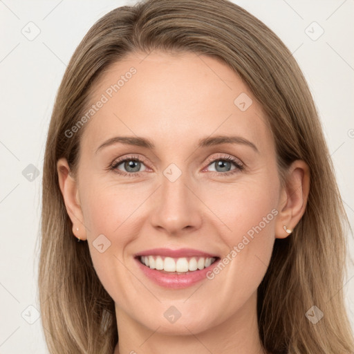 Joyful white young-adult female with long  brown hair and grey eyes