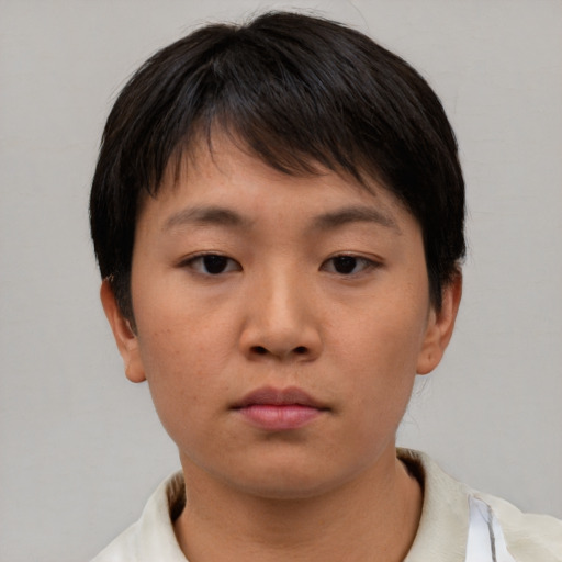 Neutral asian young-adult female with short  brown hair and brown eyes