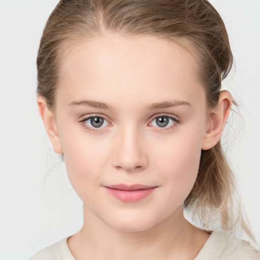 Joyful white child female with medium  brown hair and blue eyes