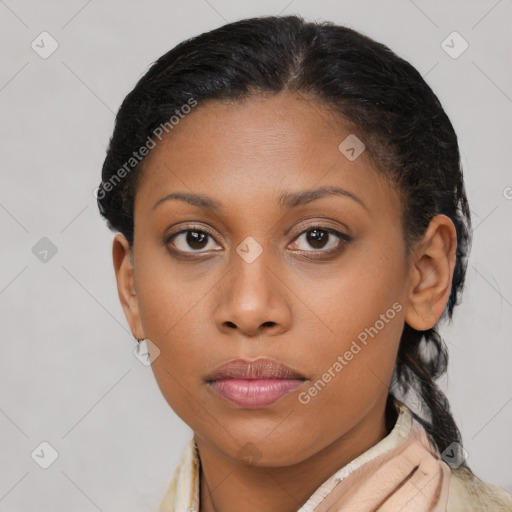 Neutral latino young-adult female with short  brown hair and brown eyes