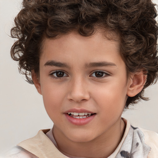 Joyful white child male with short  brown hair and brown eyes