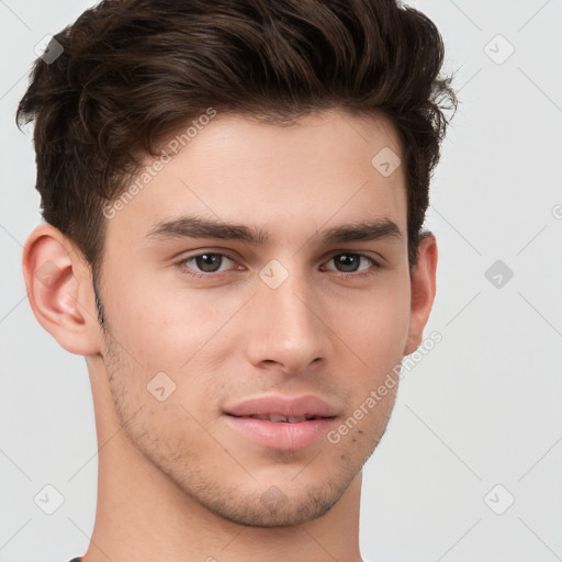 Neutral white young-adult male with short  brown hair and brown eyes