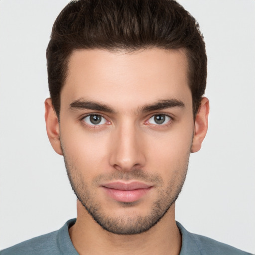 Neutral white young-adult male with short  brown hair and brown eyes