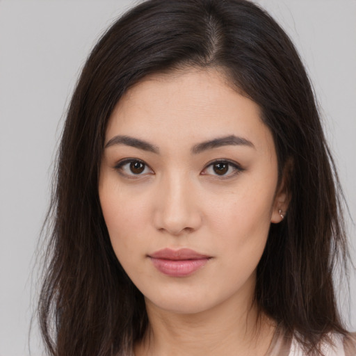 Neutral asian young-adult female with long  brown hair and brown eyes