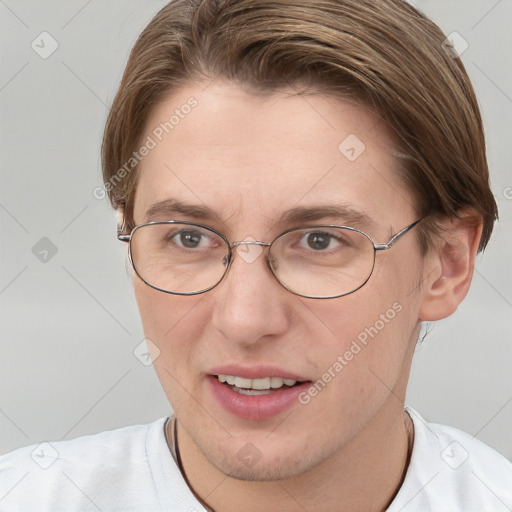 Joyful white adult female with short  brown hair and brown eyes