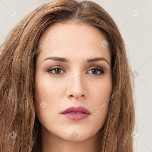 Neutral white young-adult female with long  brown hair and brown eyes