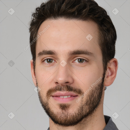 Neutral white young-adult male with short  brown hair and brown eyes