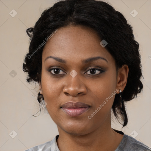 Joyful black young-adult female with medium  black hair and brown eyes