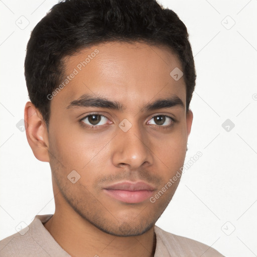 Neutral latino young-adult male with short  brown hair and brown eyes