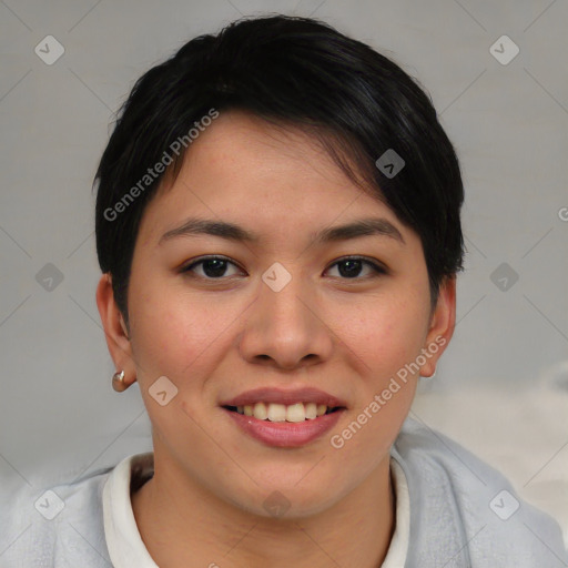 Joyful asian young-adult female with short  brown hair and brown eyes