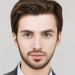 Neutral white young-adult male with short  brown hair and brown eyes