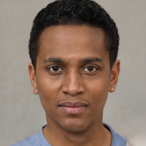 Neutral black young-adult male with short  black hair and brown eyes
