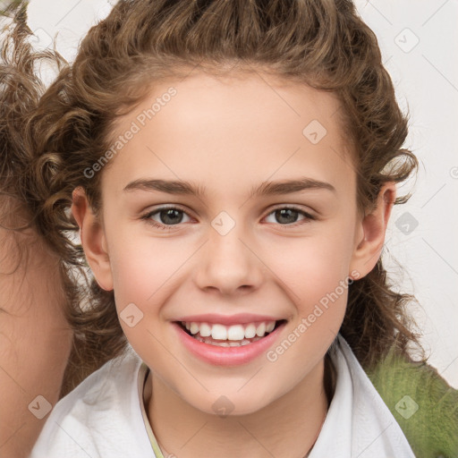 Joyful white child female with medium  brown hair and brown eyes