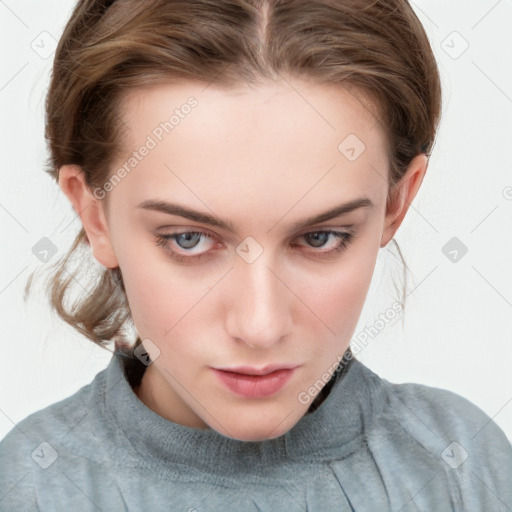 Neutral white young-adult female with medium  brown hair and grey eyes