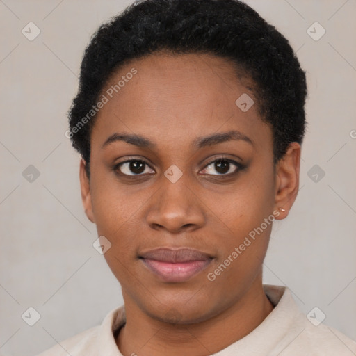 Joyful latino young-adult female with short  black hair and brown eyes