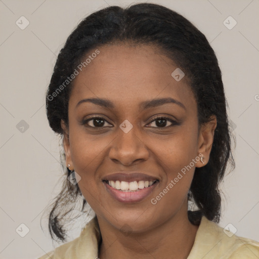 Joyful latino young-adult female with long  black hair and brown eyes