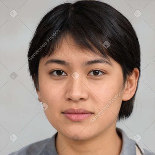 Neutral asian young-adult female with medium  brown hair and brown eyes