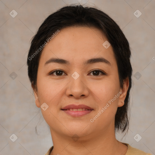 Joyful asian young-adult female with medium  brown hair and brown eyes