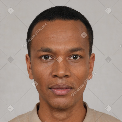 Neutral black young-adult male with short  black hair and brown eyes