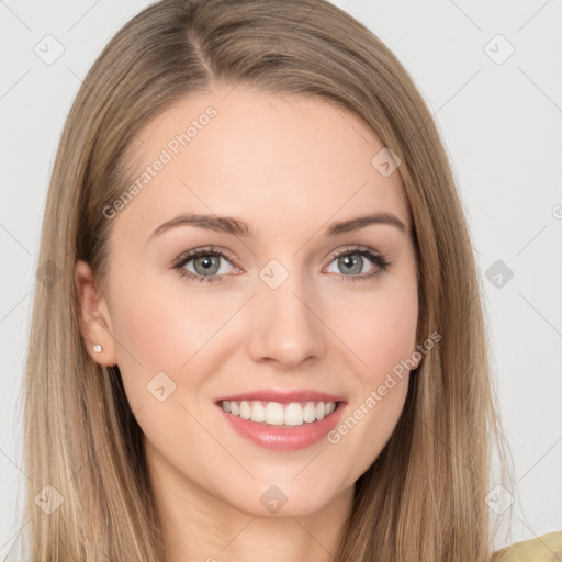 Joyful white young-adult female with long  brown hair and grey eyes