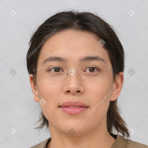 Neutral asian young-adult female with medium  brown hair and brown eyes