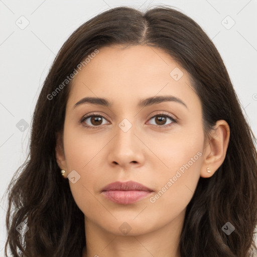 Neutral white young-adult female with long  brown hair and brown eyes