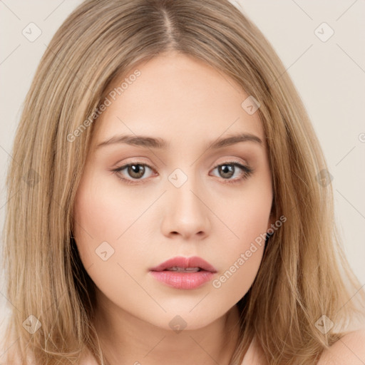 Neutral white young-adult female with long  brown hair and brown eyes