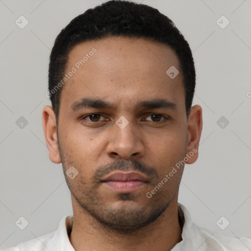 Neutral latino young-adult male with short  black hair and brown eyes