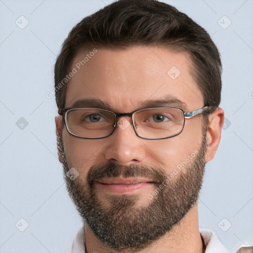 Joyful white young-adult male with short  brown hair and brown eyes