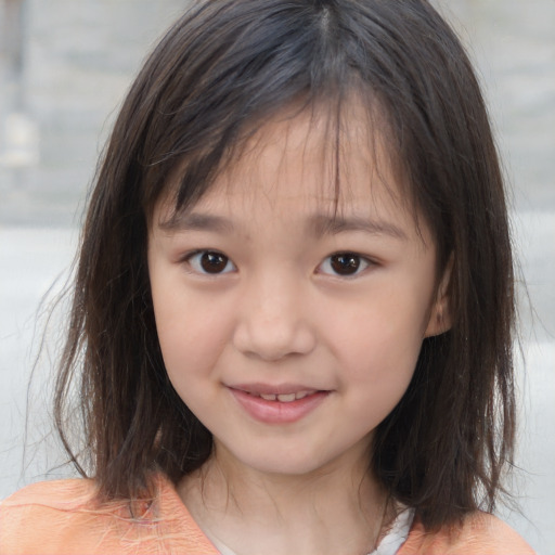 Joyful white child female with medium  brown hair and brown eyes