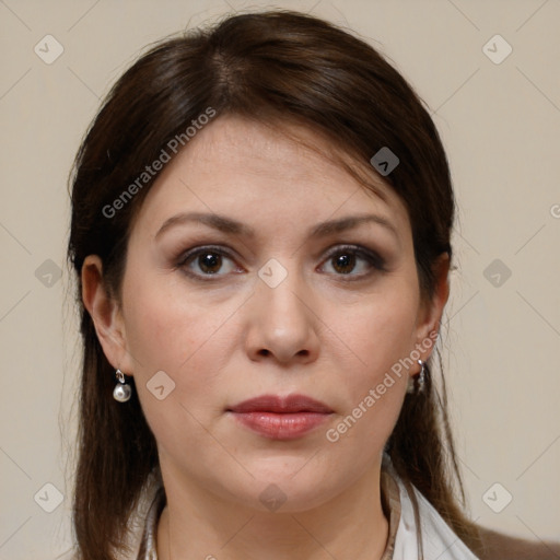 Joyful white young-adult female with medium  brown hair and brown eyes