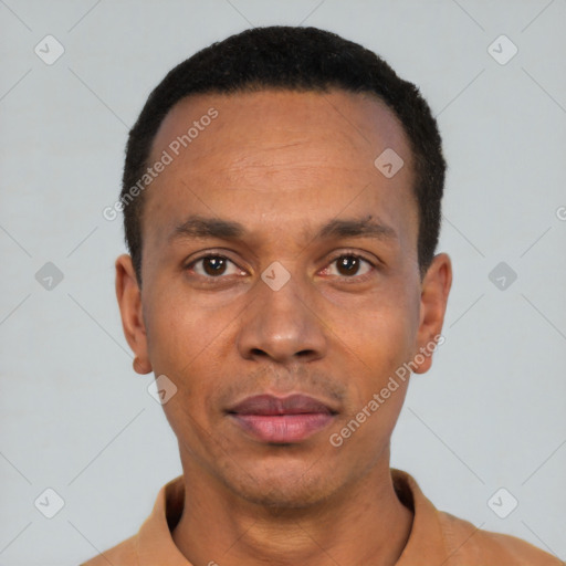 Neutral latino adult male with short  black hair and brown eyes