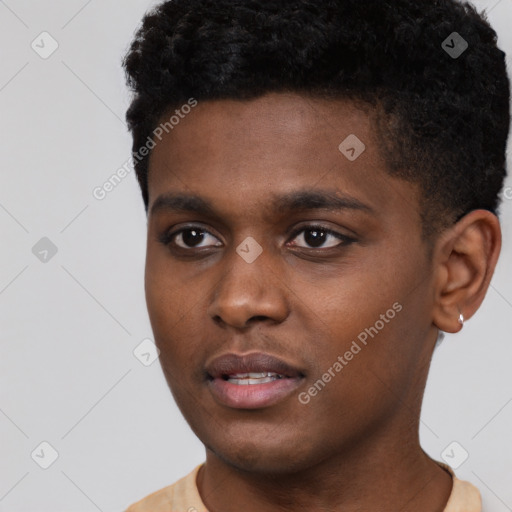 Neutral black young-adult male with short  black hair and brown eyes