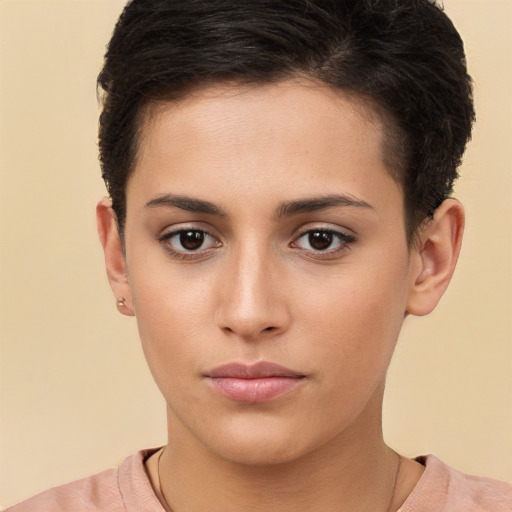 Neutral white young-adult female with short  brown hair and brown eyes