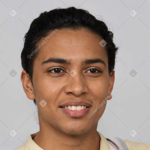 Joyful latino young-adult male with short  brown hair and brown eyes