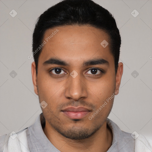 Neutral latino young-adult male with short  black hair and brown eyes