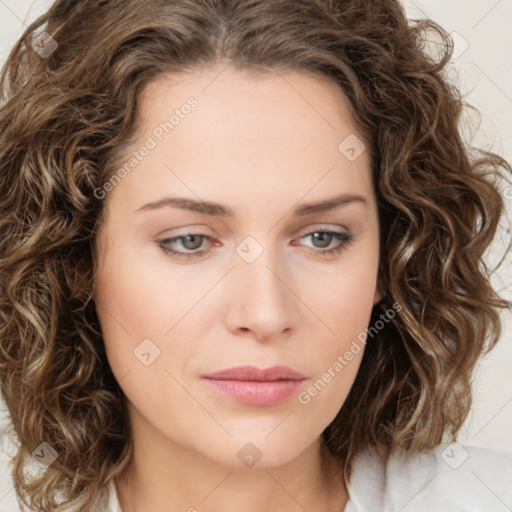 Joyful white young-adult female with medium  brown hair and green eyes