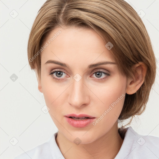 Neutral white young-adult female with medium  brown hair and grey eyes