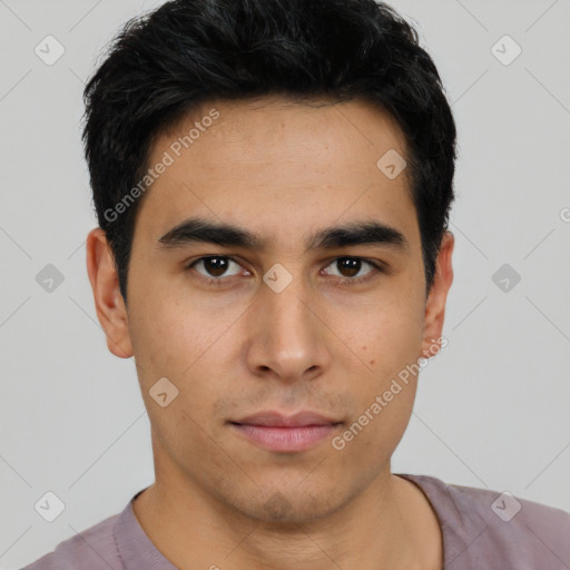 Neutral asian young-adult male with short  black hair and brown eyes