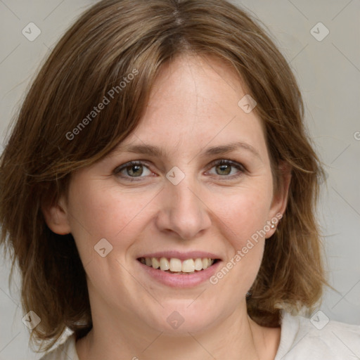 Joyful white young-adult female with medium  brown hair and green eyes