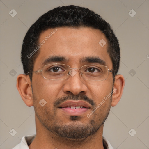 Neutral latino adult male with short  black hair and brown eyes